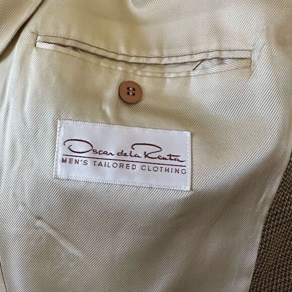 Oscar de la Renta Wool Houndstooth Blazer Mens 44L Tan Brown Preppy Career - Picture 6 of 11